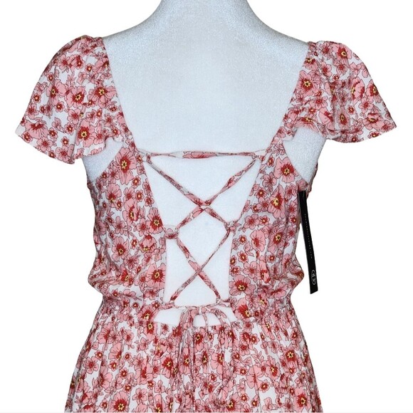 As U Wish Hi Low Dress Flutter Sleeve Tie Back Pink White Floral Small NWT - Picture 5 of 12